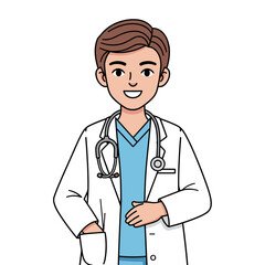 Smiling cartoon doctor wearing white lab coat.