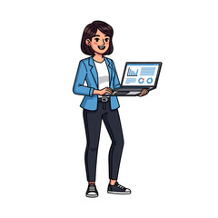 Woman holding laptop with business graphs.