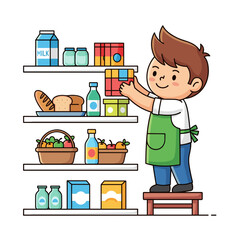 Young Boy Wearing Green Apron Reaching for Box.