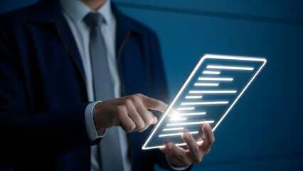 A businessman interacts with a digital document displayed on a transparent screen held in his hand