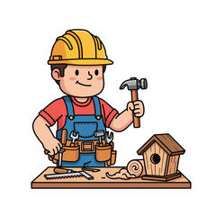 Cartoon Builder with Hammer and Birdhouse.
