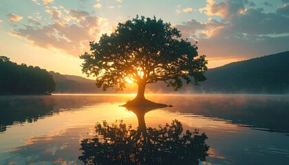 Serene sunrise illuminates a solitary tree in a calm lake, its reflection mirrored in the water