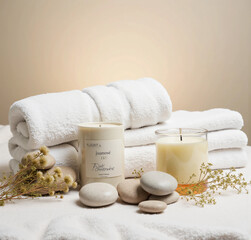 Luxury Spa Still Life with White Towels, Aromatherapy Candle, Volcanic Stones, and Dried Botanicals in a Calm Wellness Setting