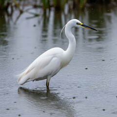Naklejka premium Elegant white egret bird standing in shallow water