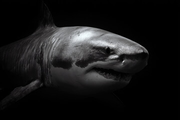 The great white shark swimming in deep ocean darkness.
