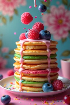 Panqueques de arco&iacute;ris flotantes que gotean jarabe de ne&oacute;n, bayas gigantes levitando, escena de desayuno surrealista