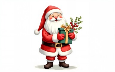 Cute Santa Claus in watercolor holding flowers and gifts, standing isolated on a white background. Ideal for Christmas cards and festive decorations 2026 - 2027. High quality