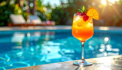 Orange cocktail with fruit garnish on poolside edge beside clear blue water and sunlit reflections