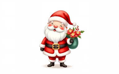 Cute Santa Claus in watercolor holding flowers and gifts, standing isolated on a white background. Ideal for Christmas cards and festive decorations 2026 - 2027. High quality