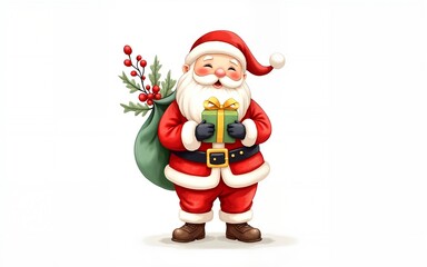 Cute Santa Claus in watercolor holding flowers and gifts, standing isolated on a white background. Ideal for Christmas cards and festive decorations 2026 - 2027. High quality