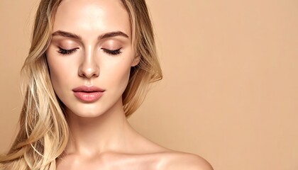 Fototapeta premium Serene blonde woman with smooth skin, eyes closed, against a beige backdrop, conveying tranquility and beauty
