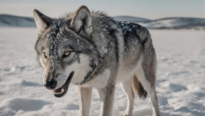 Fototapeta premium A Majestic Gray Wolf Stands Proudly in a Snowy Winter Landscape.