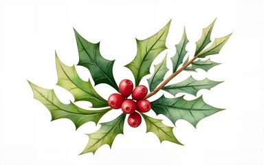 Cluster of holly sprigs with glossy leaves and berries, hand drawn watercolor illustration ideal for gift wrap design, festive invitations, textile patterns, and Christmas crafts. High quality