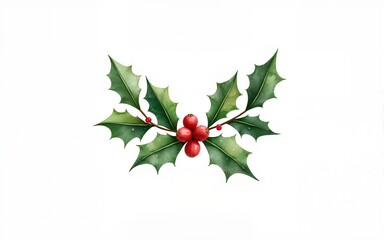Cluster of holly sprigs with glossy leaves and berries, hand drawn watercolor illustration ideal for gift wrap design, festive invitations, textile patterns, and Christmas crafts. High quality