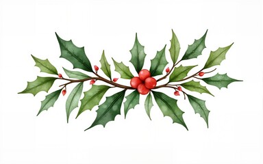 Cluster of holly sprigs with glossy leaves and berries, hand drawn watercolor illustration ideal for gift wrap design, festive invitations, textile patterns, and Christmas crafts. High quality