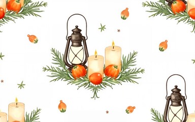 Hand drawn Christmas seamless pattern featuring a vintage lantern, candles, tangerines, and fir branches. Watercolor illustration. High quality