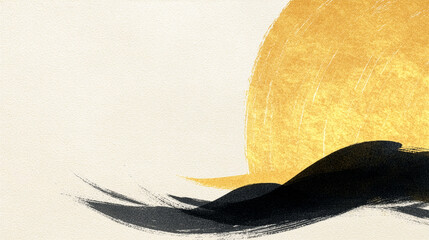 金色の日の出と黒い筆跡が彩る和紙テクスチャの年賀状背景素材