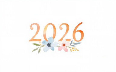 Floral 2026 design with pastel watercolor flowers on a white background. High quality