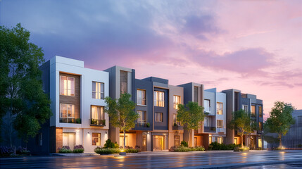 現代的なタウンハウスと暖かな照明が美しい夕暮れ時の街並み