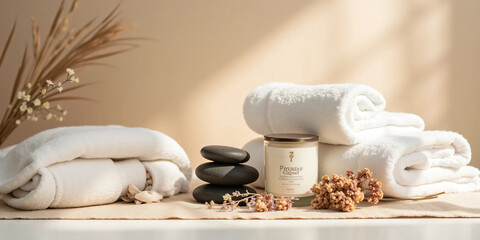 Luxury Spa Still Life with White Towels, Aromatherapy Candle, Volcanic Stones, and Dried Botanicals in a Calm Wellness Setting