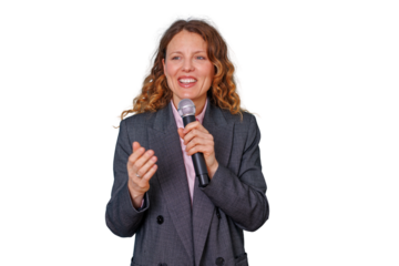 Young businesswoman with curly hair talking on a microphone, gesturing, and smiling on a transparent background