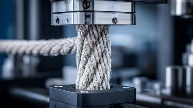 Medium shot focusing on a highload tensile test machine applying gradual force to a thick wire to evaluate its durability and tensile properties.