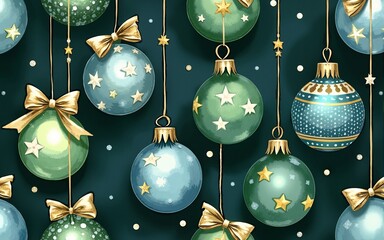 Christmas glass tree balls with bow watercolor seamless pattern on dark green. Hand drawn round and star shape ornaments in green and blue colors for New Year festive packaging, textile and designs.