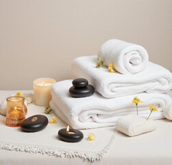 Luxury Spa Still Life with White Towels, Aromatherapy Candle, Volcanic Stones, and Dried Botanicals in a Calm Wellness Setting