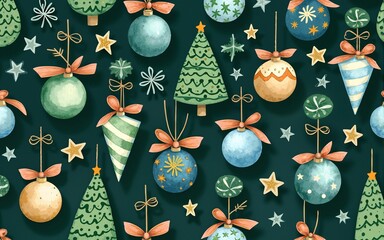 Christmas glass tree balls with bow watercolor seamless pattern on dark green. Hand drawn round and star shape ornaments in green and blue colors for New Year festive packaging, textile and designs.