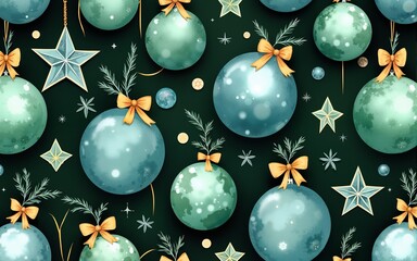 Christmas glass tree balls with bow watercolor seamless pattern on dark green. Hand drawn round and star shape ornaments in green and blue colors for New Year festive packaging, textile and designs.