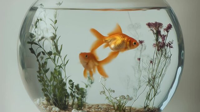 Two goldfish swim in a glass bowl aquarium with plants and small stones