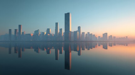 Vibrant City Skyline Reflecting on Calm Water During Golden Sunrise