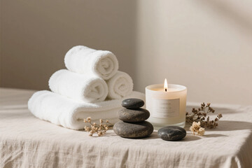 Luxury Spa Still Life with White Towels, Aromatherapy Candle, Volcanic Stones, and Dried Botanicals in a Calm Wellness Setting