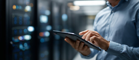 Faceless IT professionals using tablet computer heavily defocused data center background anonymous engineer and consultant standing in office above servers developing automation