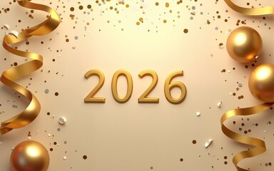 New Year background with golden ribbons, confetti, and 2026 typography placeholder for banner design. High quality