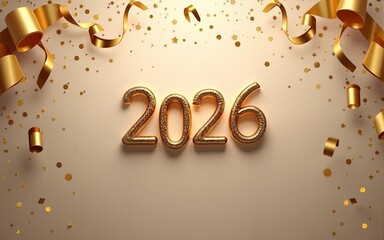 New Year background with golden ribbons, confetti, and 2026 typography placeholder for banner design. High quality