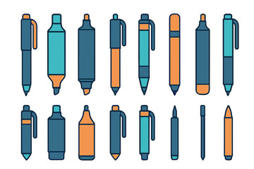 Collection of Stylized Pens and Markers on a Dark Background