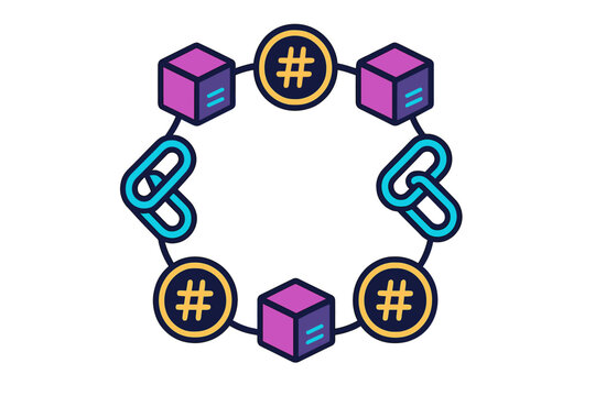 Blockchain network with linked blocks and hash symbols