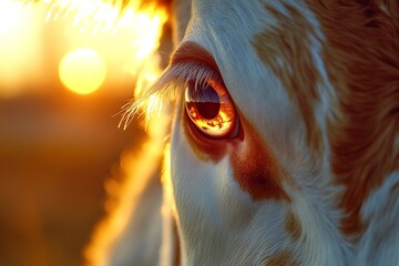 A close-up view of a cow's expressive eyes filled with reflections of a beautiful sunset, creating an emotional connection with the viewer.
