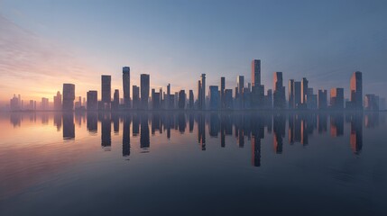 Vibrant City Skyline Reflecting on Calm Water During Golden Sunrise
