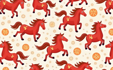 Seamless pattern with Chinese calendar New Year symbol. Cute vector texture. Red cartoon horses illustration. Happy New Year wrapping paper template. 2026 Year of the Horse. High quality