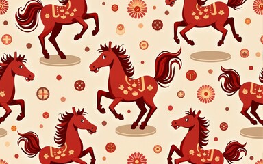 Seamless pattern with Chinese calendar New Year symbol. Cute vector texture. Red cartoon horses  illustration. Happy New Year wrapping paper template. 2026 Year of the Horse. High quality