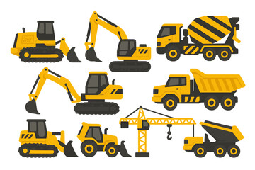 Collection of Yellow Construction Vehicles on Dark Background © icon_art
