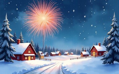 Happy New Year 2026 greeting card with fireworks over a snowy winter village, watercolor illustration. High quality