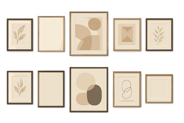Collection of minimalist framed artwork on a warm brown wall