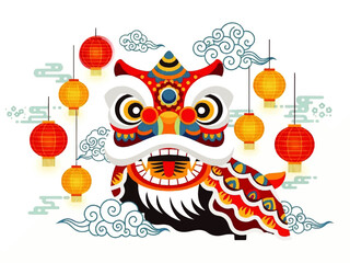 Vibrant Flat Design illustration of a Chinese lion dance head with colorful lanterns and swirling clouds in a lively Vector graphic. © denigraphic