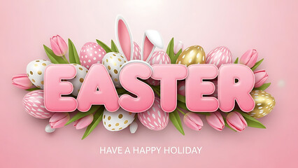 Happy Easter Holiday Greeting with 3D Pink Letters, Decorative Eggs, Pink Tulips, and Bunny Ears on a Pastel Background