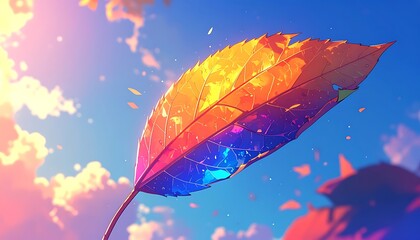 Radiant leaf soars against a bright sky of fluffy clouds. Anime-inspired, colorful and serene
