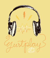 Illustration of headphones combined with text.