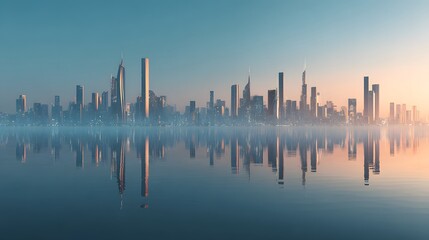 Vibrant City Skyline Reflecting on Calm Water During Golden Sunrise